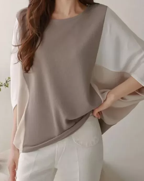 Contrast Color Split-Joint Batwing Sleeves Loose Round-Neck T-Shirts Tops