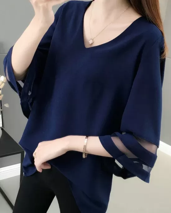 Gauze See-Through Solid Color Split-Joint Long Sleeves Loose V-Neck T-Shirts Tops