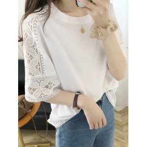 Hollow Solid Color Split-Joint Half Sleeves Loose Round-Neck T-Shirts Tops