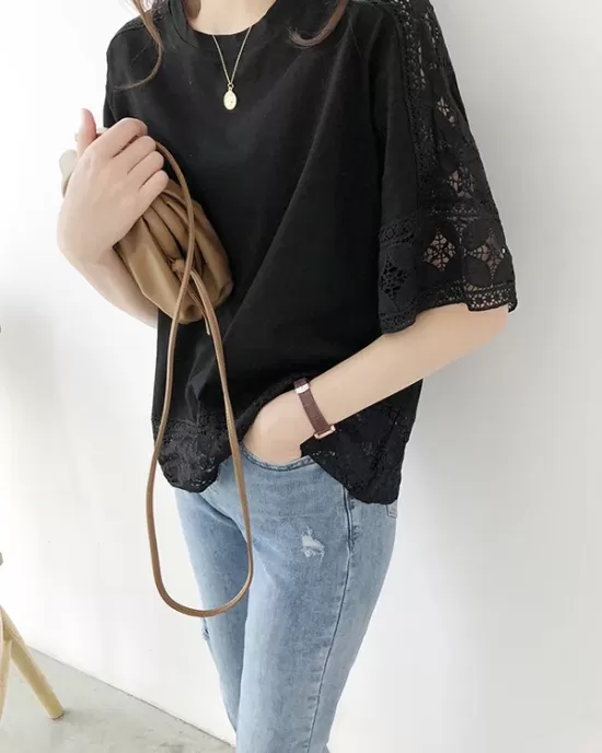 Hollow Solid Color Split-Joint Half Sleeves Loose Round-Neck T-Shirts Tops