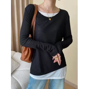 Asymmetric Split-Joint False Two Long Sleeves Round-Neck T-Shirts Tops