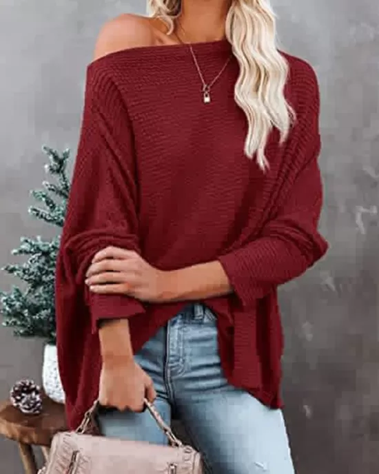 Solid Color Split-side Long Sleeves Loose Boat Neck T-shirts