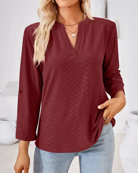 Jacquard Solid Color Loose Three-Quarter Sleeves V-Neck T-Shirts