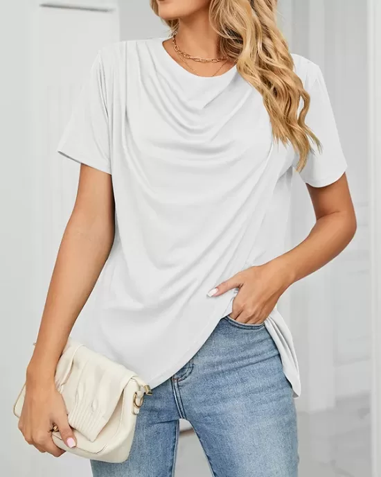 Pleated Solid Color Split-Joint Loose Short Sleeves Round-Neck T-Shirts