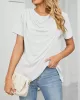 Pleated Solid Color Split-Joint Loose Short Sleeves Round-Neck T-Shirts