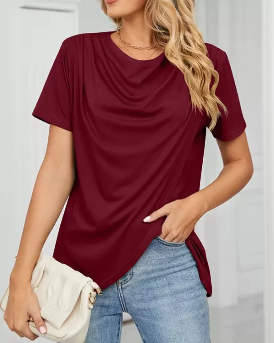 Pleated Solid Color Split-Joint Loose Short Sleeves Round-Neck T-Shirts