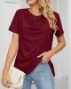 Pleated Solid Color Split-Joint Loose Short Sleeves Round-Neck T-Shirts