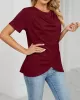 Pleated Solid Color Split-Joint Loose Short Sleeves Round-Neck T-Shirts