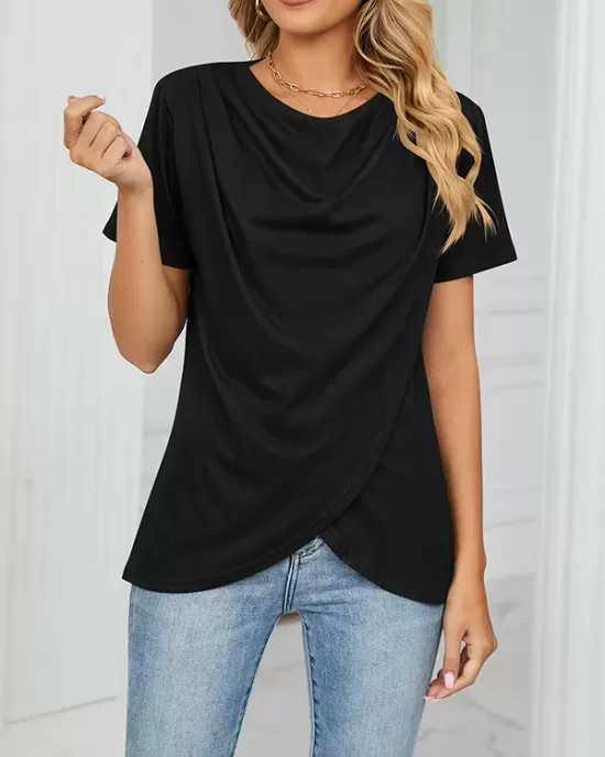 Pleated Solid Color Split-Joint Loose Short Sleeves Round-Neck T-Shirts