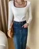 Contrast Color Long Sleeves Skinny Square-Neck T-Shirts Tops