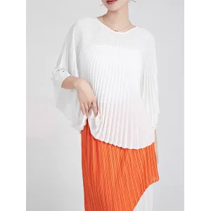 Pleated Solid Color Batwing Sleeves Loose Round-Neck T-Shirts Tops