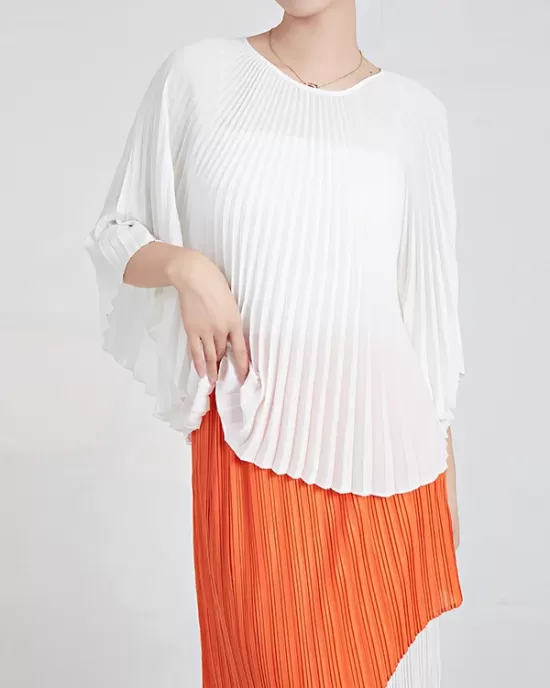 Pleated Solid Color Batwing Sleeves Loose Round-Neck T-Shirts Tops