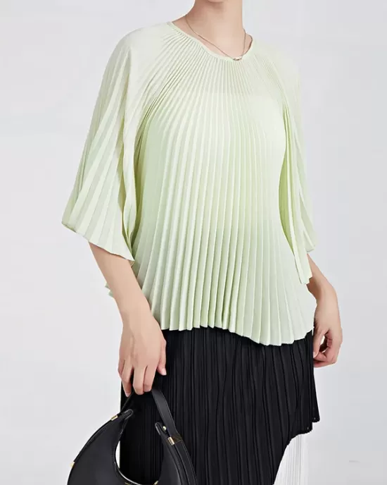 Pleated Solid Color Batwing Sleeves Loose Round-Neck T-Shirts Tops