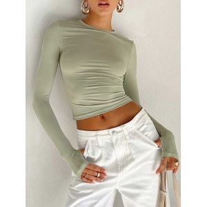 Hollow Solid Color Long Sleeves Skinny Round-Neck T-Shirts Tops