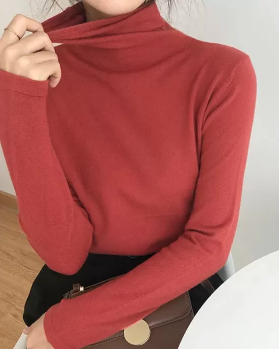 Solid Color Long Sleeves Skinny High-Neck T-Shirts Tops