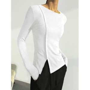 Skinny Solid Color Split-Joint Split-side Round-neck T-shirts