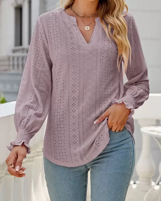 Elasticity Hollow Solid Color Long Sleeves Loose V-neck T-Shirts Tops