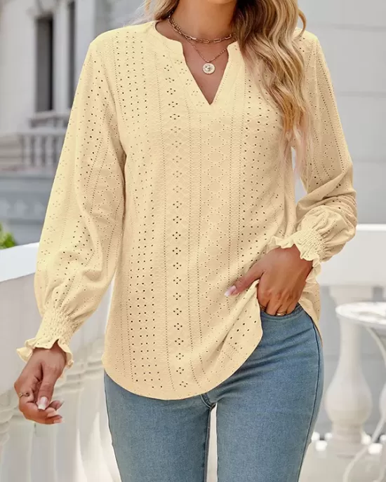 Elasticity Hollow Solid Color Long Sleeves Loose V-neck T-Shirts Tops