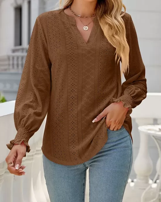 Elasticity Hollow Solid Color Long Sleeves Loose V-neck T-Shirts Tops