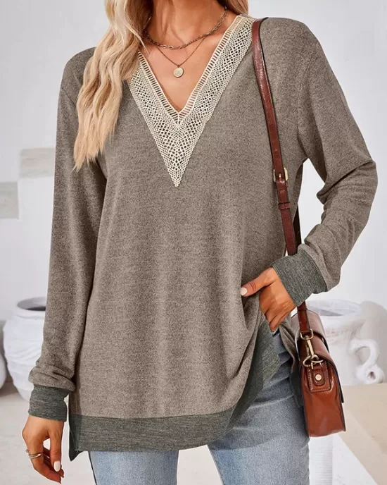 Hollow Split-Joint Split-Side Long Sleeves Loose V-Neck T-Shirts Tops