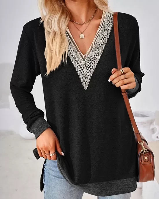 Hollow Split-Joint Split-Side Long Sleeves Loose V-Neck T-Shirts Tops