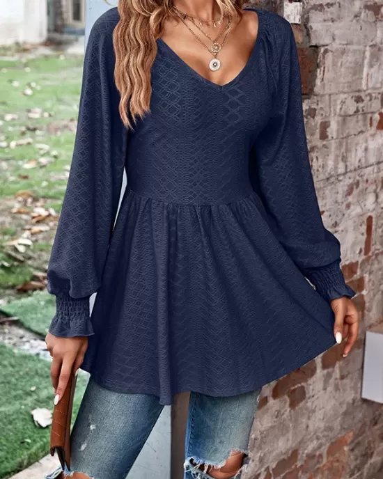 Elasticity Jacquard Pleated Solid Color Long Sleeves V-Neck T-Shirts Tops