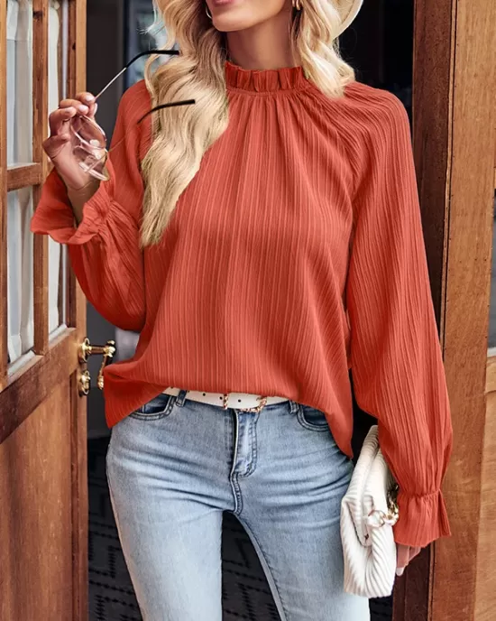 Elasticity Ruffled Solid Color Long Sleeves Ruffle Sleeves Mock Neck T-Shirts Tops