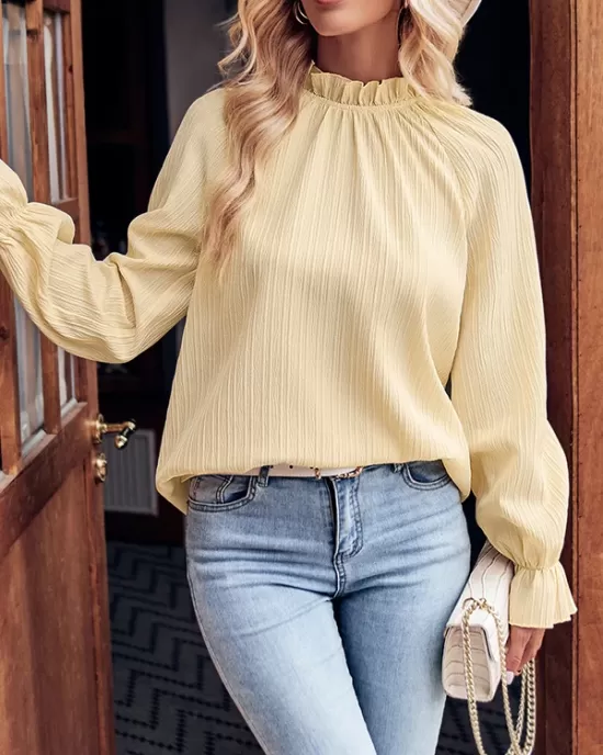 Elasticity Ruffled Solid Color Long Sleeves Ruffle Sleeves Mock Neck T-Shirts Tops