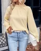 Elasticity Ruffled Solid Color Long Sleeves Ruffle Sleeves Mock Neck T-Shirts Tops