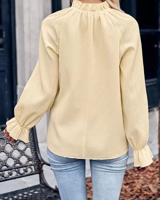 Elasticity Ruffled Solid Color Long Sleeves Ruffle Sleeves Mock Neck T-Shirts Tops