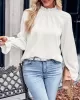 Elasticity Ruffled Solid Color Long Sleeves Ruffle Sleeves Mock Neck T-Shirts Tops