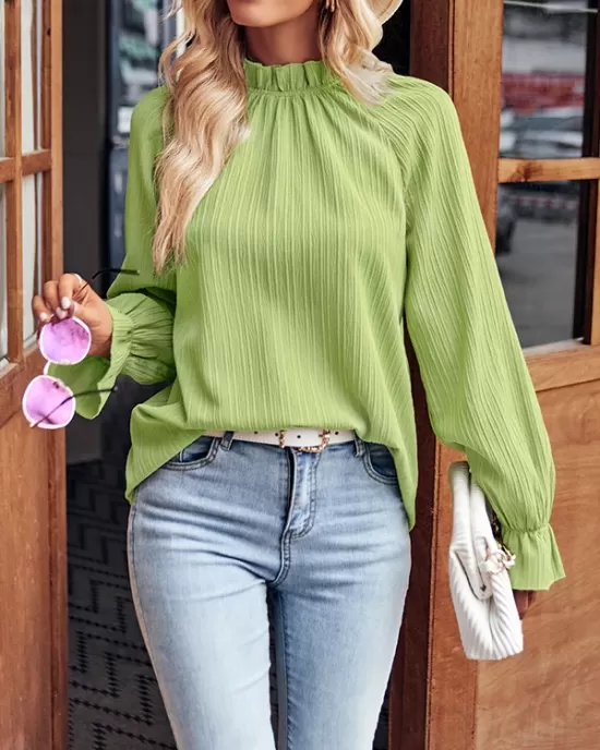 Elasticity Ruffled Solid Color Long Sleeves Ruffle Sleeves Mock Neck T-Shirts Tops