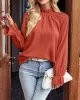 Elasticity Ruffled Solid Color Long Sleeves Ruffle Sleeves Mock Neck T-Shirts Tops