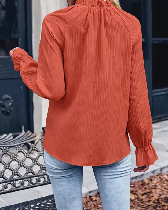 Elasticity Ruffled Solid Color Long Sleeves Ruffle Sleeves Mock Neck T-Shirts Tops