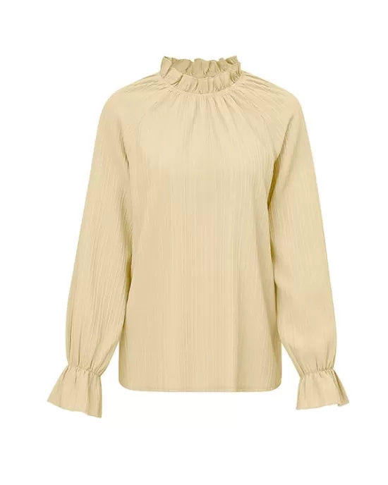 Elasticity Ruffled Solid Color Long Sleeves Ruffle Sleeves Mock Neck T-Shirts Tops