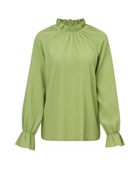 Elasticity Ruffled Solid Color Long Sleeves Ruffle Sleeves Mock Neck T-Shirts Tops