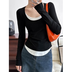 Contrast Color False Two Long Sleeves Round-Neck T-Shirts Tops