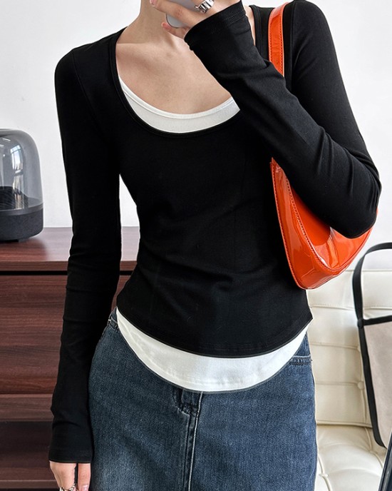 Contrast Color False Two Long Sleeves Round-Neck T-Shirts Tops