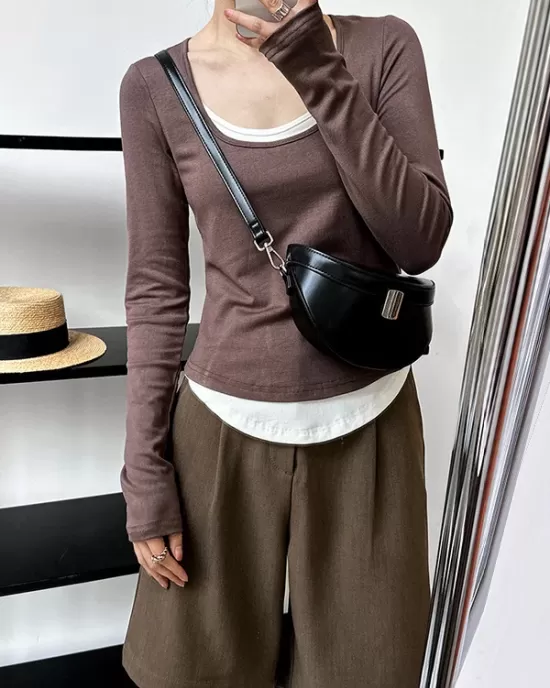 Contrast Color False Two Long Sleeves Round-Neck T-Shirts Tops