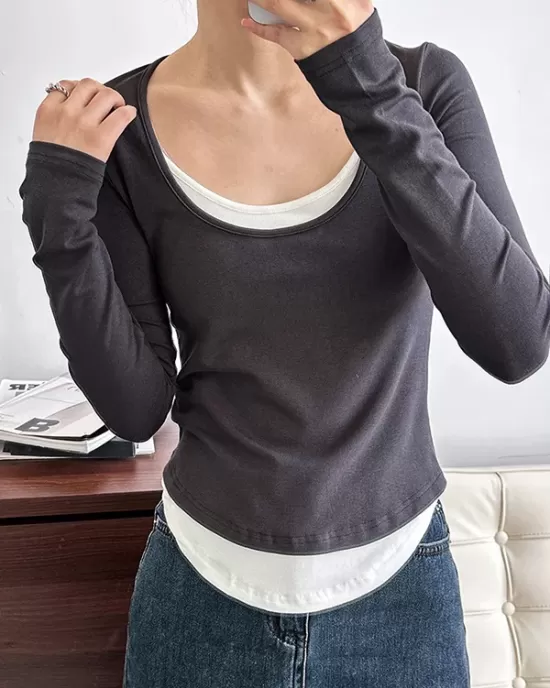 Contrast Color False Two Long Sleeves Round-Neck T-Shirts Tops