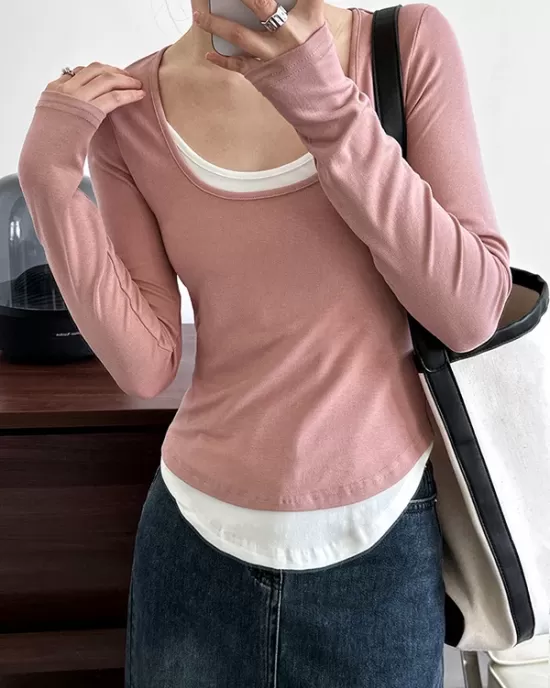 Contrast Color False Two Long Sleeves Round-Neck T-Shirts Tops