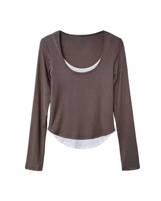 Contrast Color False Two Long Sleeves Round-Neck T-Shirts Tops