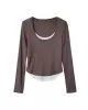 Contrast Color False Two Long Sleeves Round-Neck T-Shirts Tops