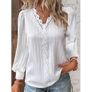 Hollow Solid Color Long Sleeves Loose V-Neck T-Shirts