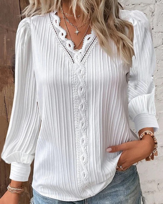 Hollow Solid Color Long Sleeves Loose V-Neck T-Shirts