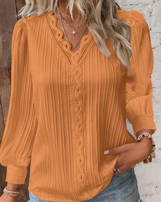 Hollow Solid Color Long Sleeves Loose V-Neck T-Shirts