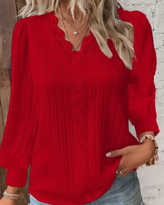 Hollow Solid Color Long Sleeves Loose V-Neck T-Shirts