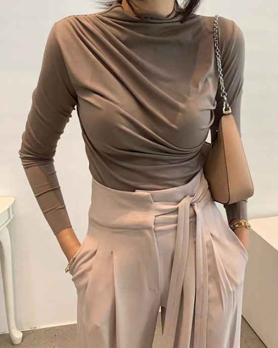 Pleated Solid Color Long Sleeves Skinny Mock Neck T-Shirts Tops