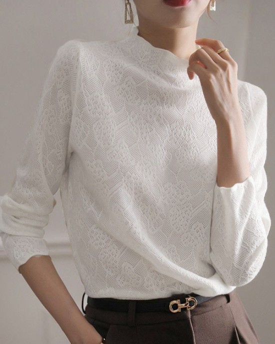 Hollow Jacquard Solid Color Long Sleeves T-Shirts Tops Knitwear