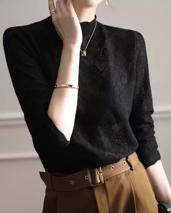 Hollow Jacquard Solid Color Long Sleeves T-Shirts Tops Knitwear